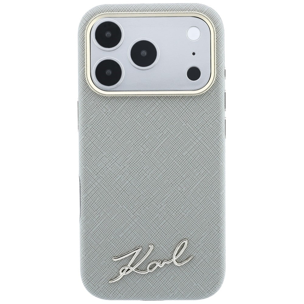 Funda MagSafe para Apple iPhone 18 Pro Max / 17 Pro Max, Karl Lagerfeld, Saffiano Small Script Metal Logo, Beige