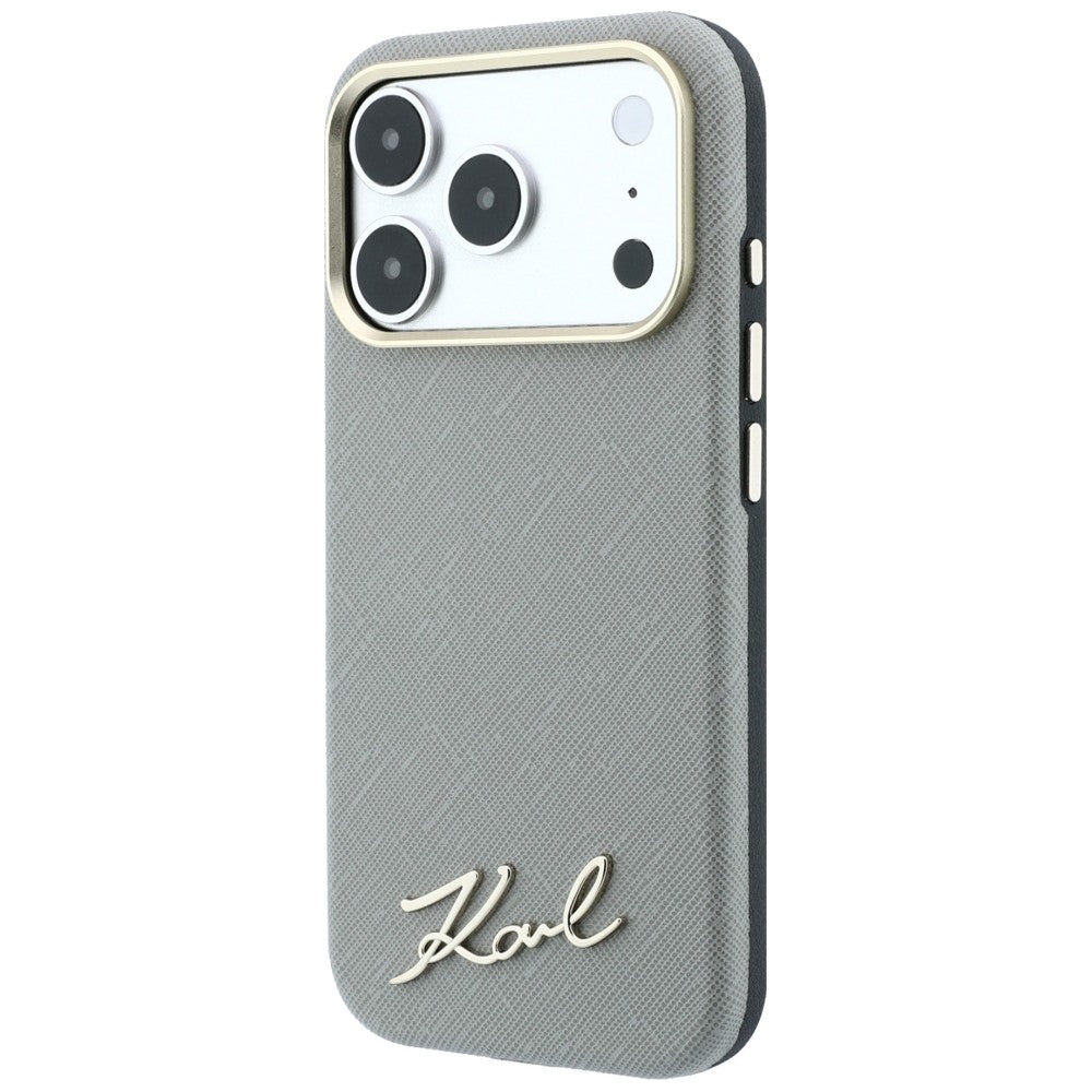 Funda MagSafe para Apple iPhone 18 Pro Max / 17 Pro Max, Karl Lagerfeld, Saffiano Small Script Metal Logo, Beige
