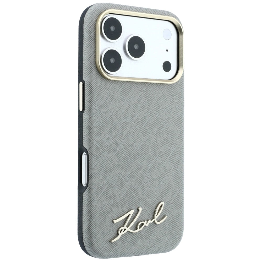 Funda MagSafe para Apple iPhone 18 Pro Max / 17 Pro Max, Karl Lagerfeld, Saffiano Small Script Metal Logo, Beige