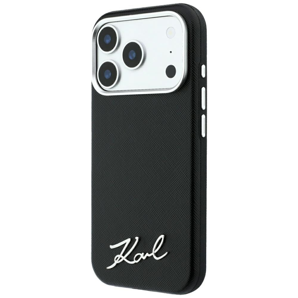 Funda MagSafe para Apple iPhone 18 Pro Max / 17 Pro Max, Karl Lagerfeld, Saffiano Small Script Metal Logo, Negra