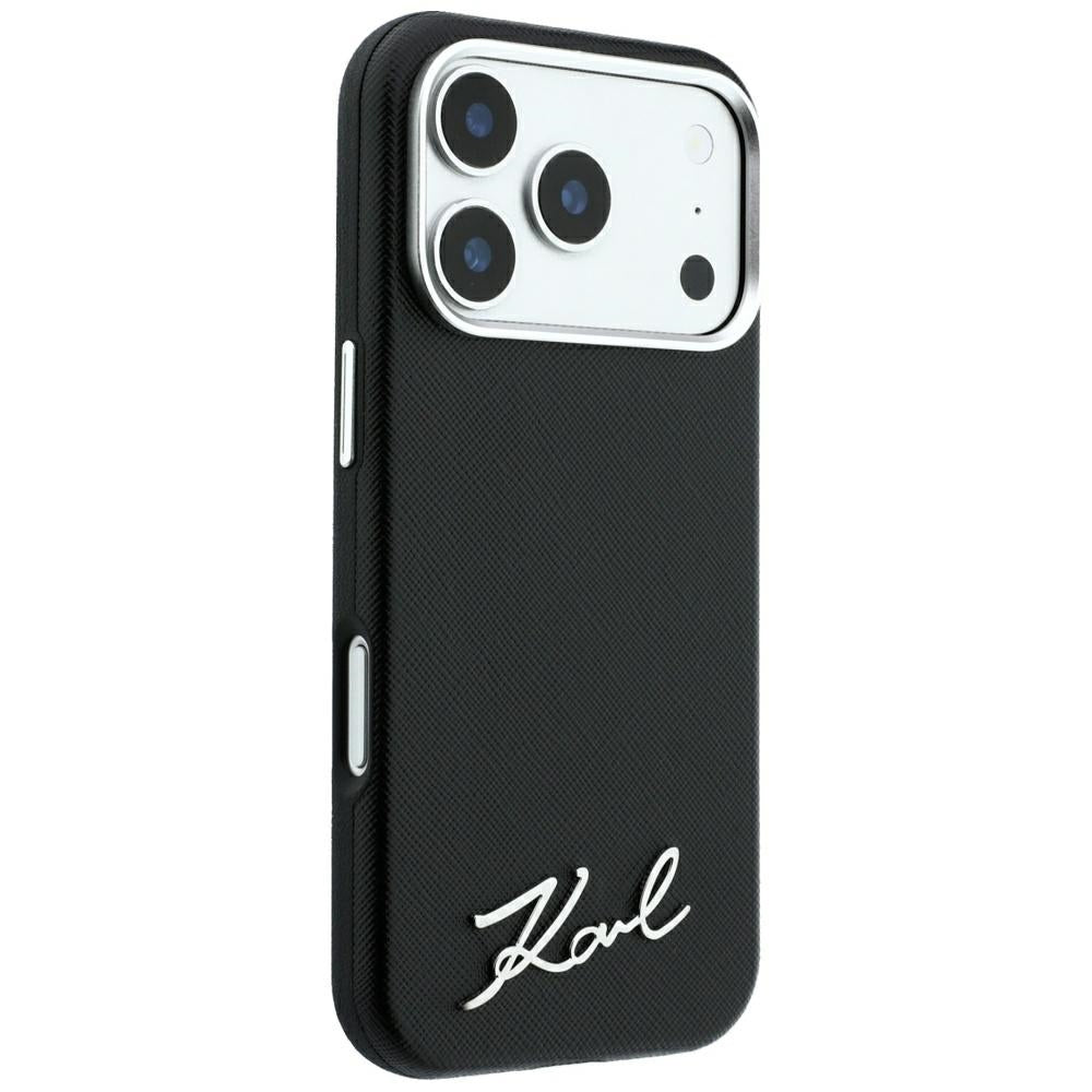 Funda MagSafe para Apple iPhone 18 Pro Max / 17 Pro Max, Karl Lagerfeld, Saffiano Small Script Metal Logo, Negra