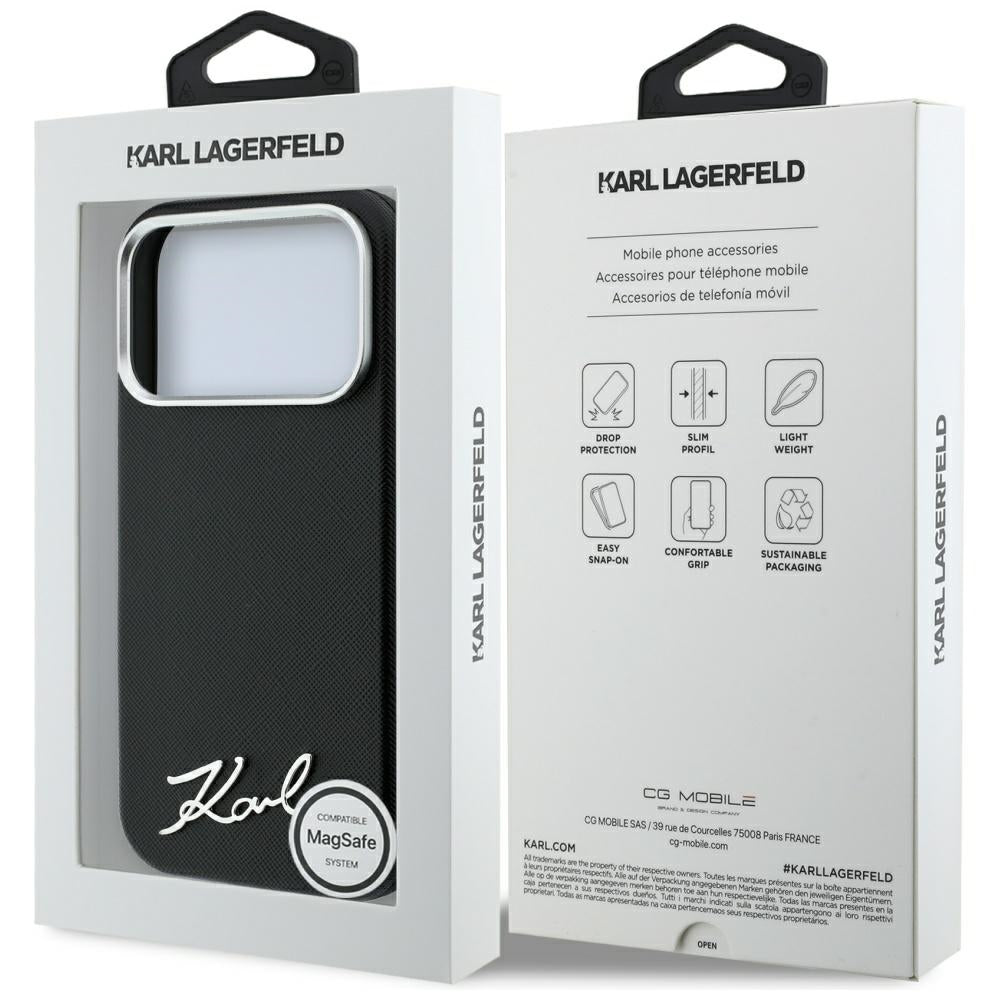 Funda MagSafe para Apple iPhone 18 Pro Max / 17 Pro Max, Karl Lagerfeld, Saffiano Small Script Metal Logo, Negra