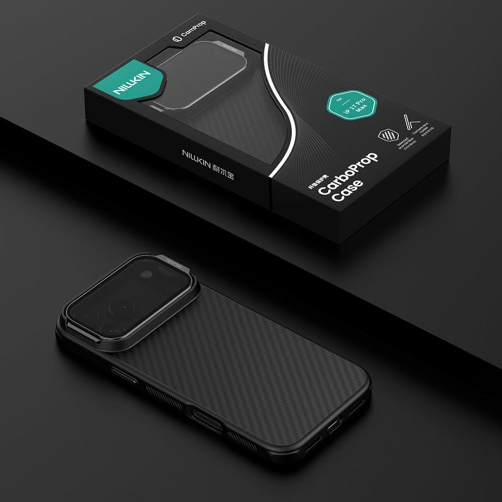 Funda MagSafe para Apple iPhone 18 Pro Max / 17 Pro Max, Nillkin, CarboProp con cubierta de lente negra transparente, Negra