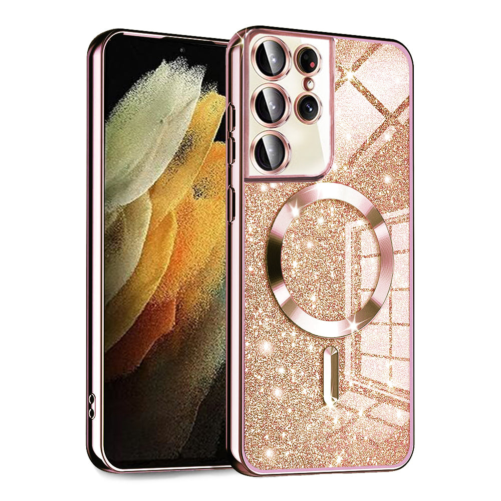 Funda MagSafe para Samsung Galaxy S21 Ultra 5G G998, Techsuit, Luxury Glitter, Rosa Dorado