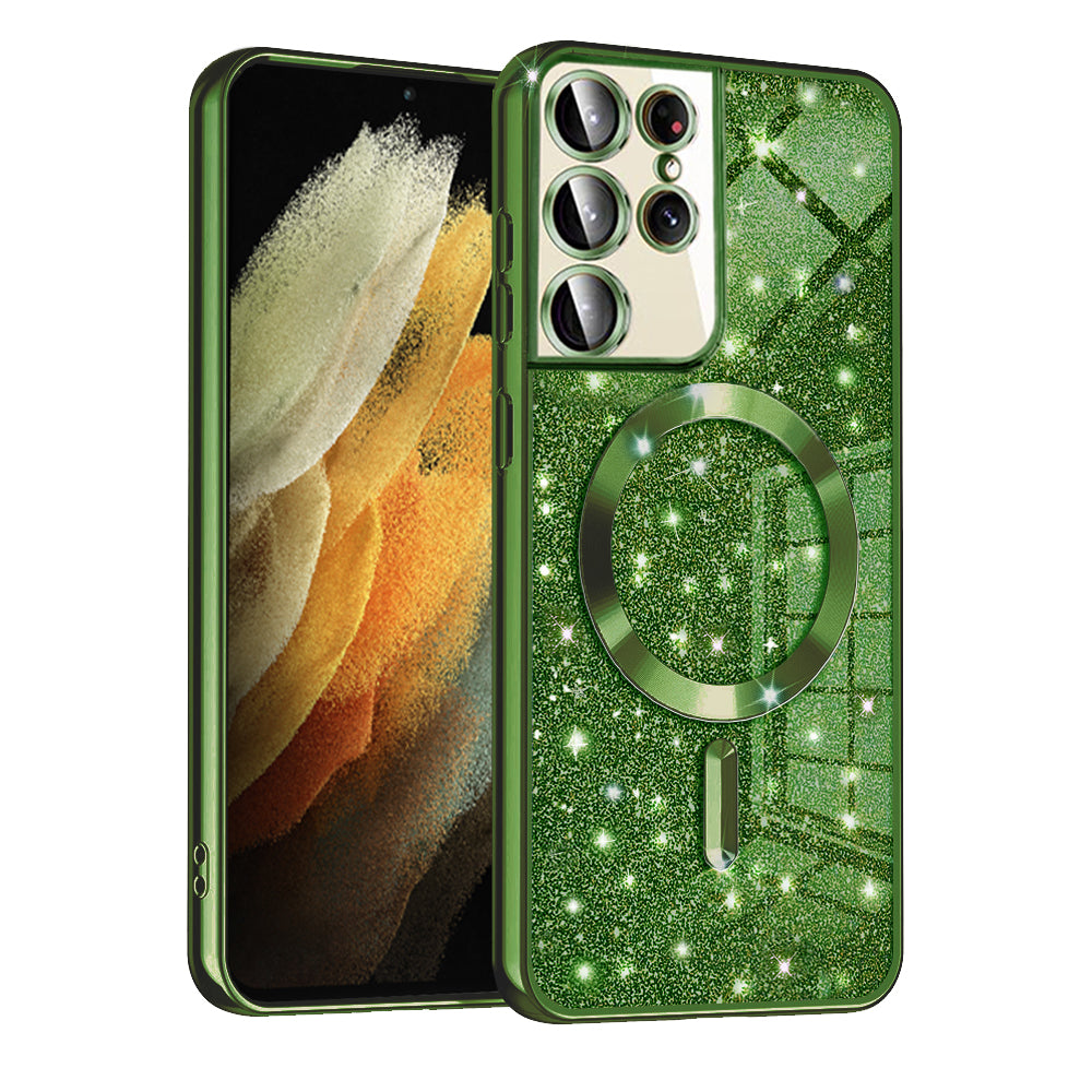 Funda MagSafe para Samsung Galaxy S21 Ultra 5G G998, Techsuit, Luxury Glitter, Verde Oscuro