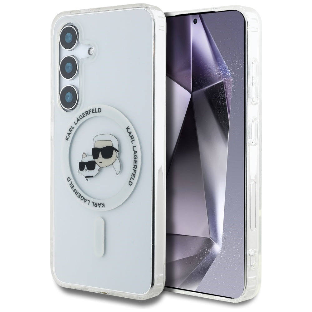 Funda MagSafe para Samsung Galaxy S25+ S936, Karl Lagerfeld, IML Metal Karl & Choupette's Heads, Plateada.