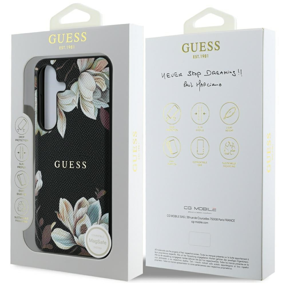 Funda MagSafe para Samsung Galaxy S25 S931, Guess, Grained Flowers, Negra