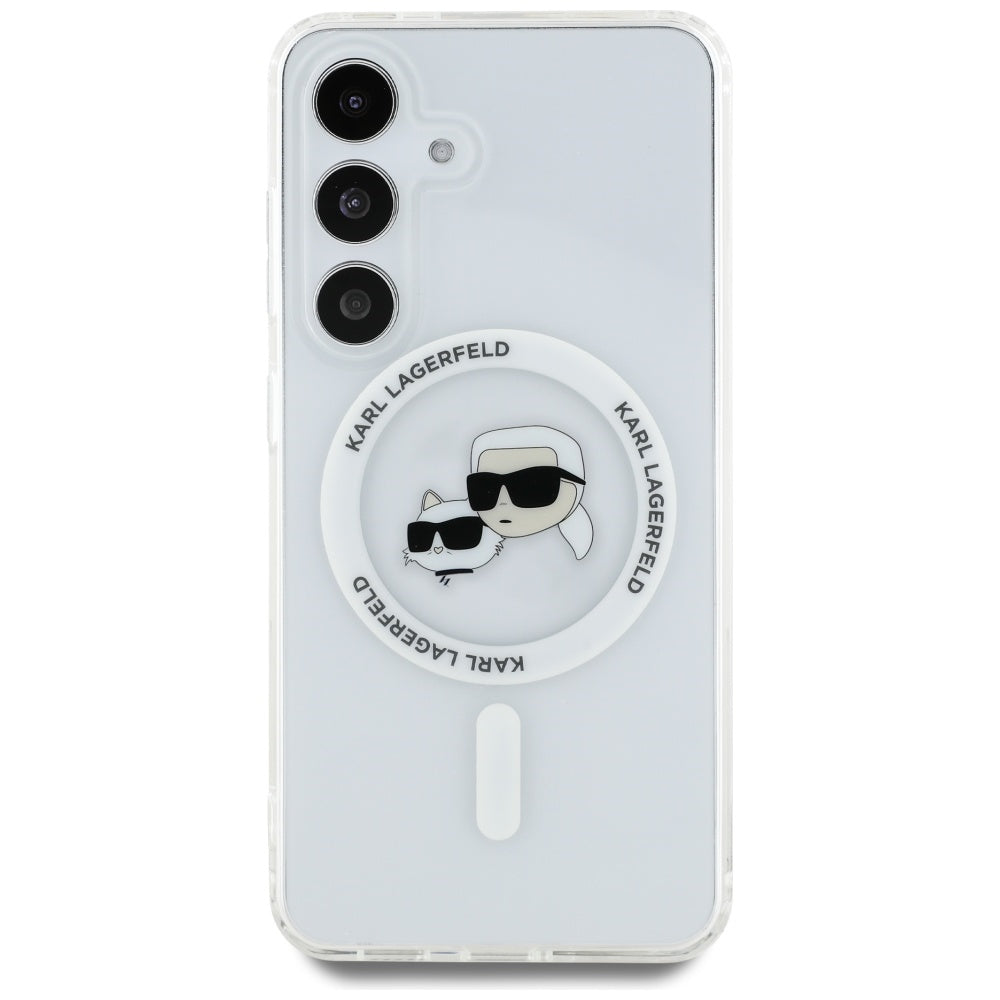 Funda MagSafe para Samsung Galaxy S25 S931, Karl Lagerfeld, IML Metal Karl & Choupette's Heads, Blanca.