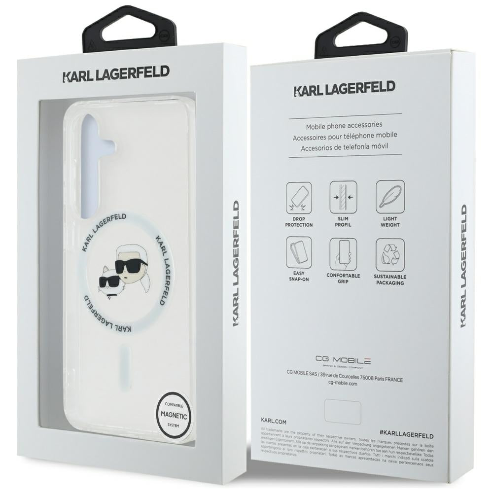 Funda MagSafe para Samsung Galaxy S25 S931, Karl Lagerfeld, IML Metal Karl & Choupette's Heads, Blanca.