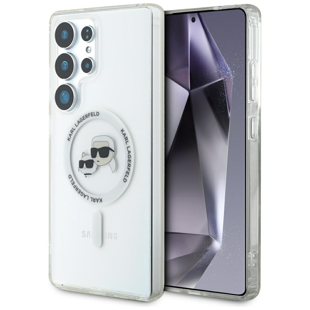 Funda MagSafe para Samsung Galaxy S25 Ultra S938, Karl Lagerfeld, IML Metal Karl & Choupette's Heads, Blanca.