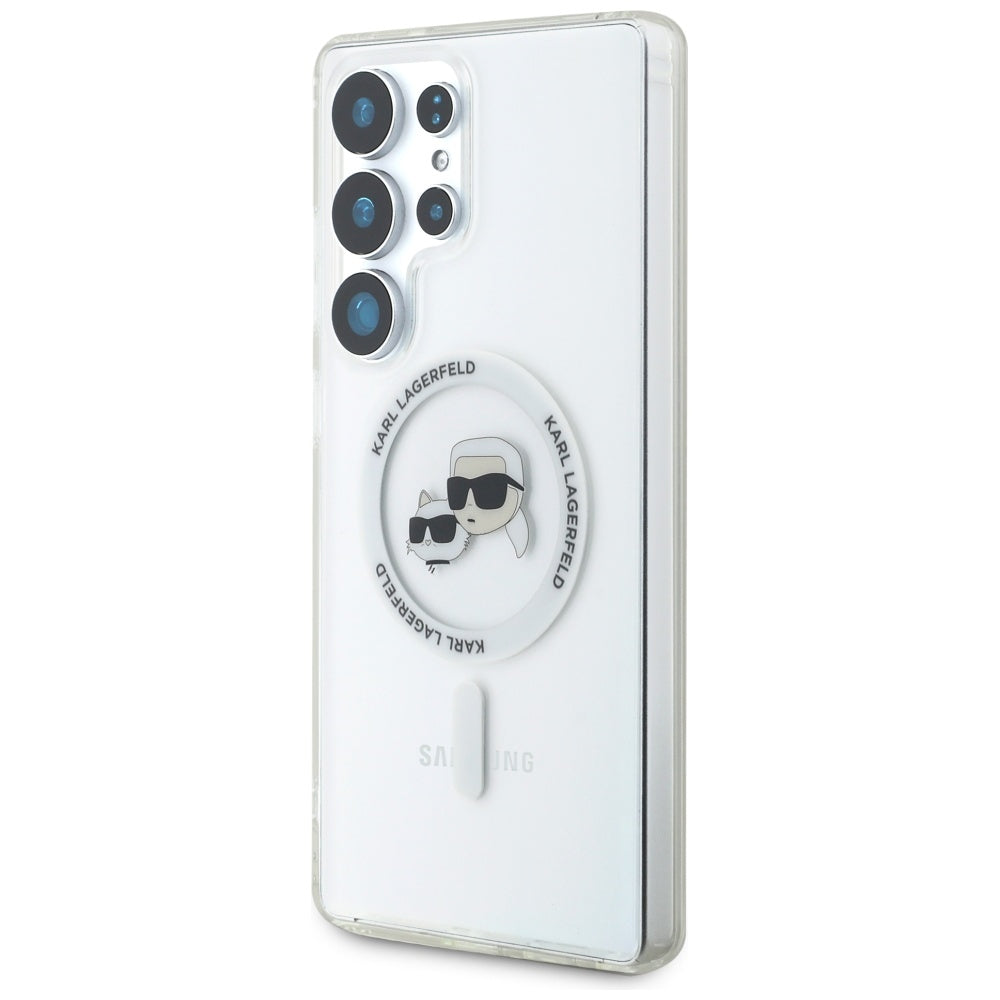 Funda MagSafe para Samsung Galaxy S25 Ultra S938, Karl Lagerfeld, IML Metal Karl & Choupette's Heads, Blanca.