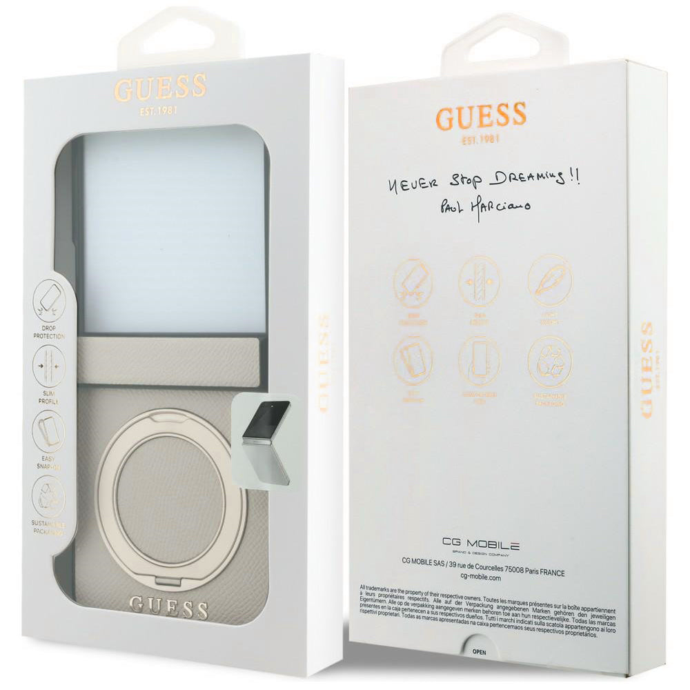Funda MagSafe para Samsung Galaxy Z Flip8 F776, Guess, Soporte Anillo Logo Clásico Granulado, Beige