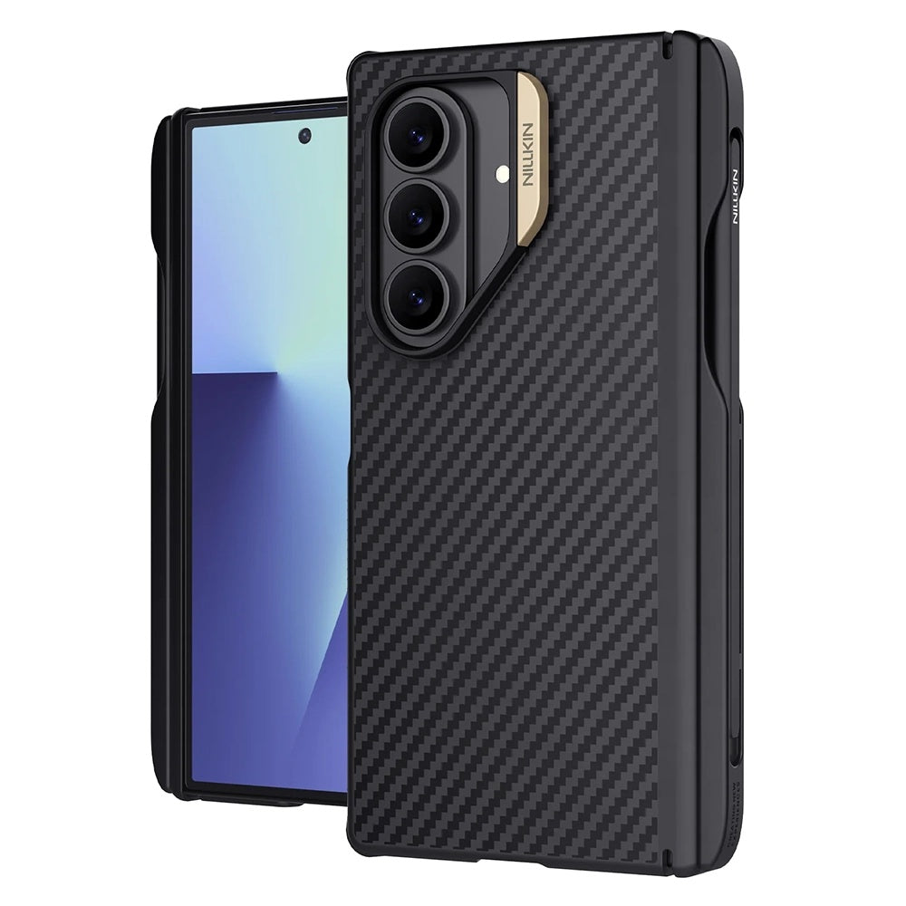 Funda MagSafe para Samsung Galaxy Z Fold7 F966, Nillkin, Synthetic Fiber Pro con soporte para S-Pen, Negra Dorada