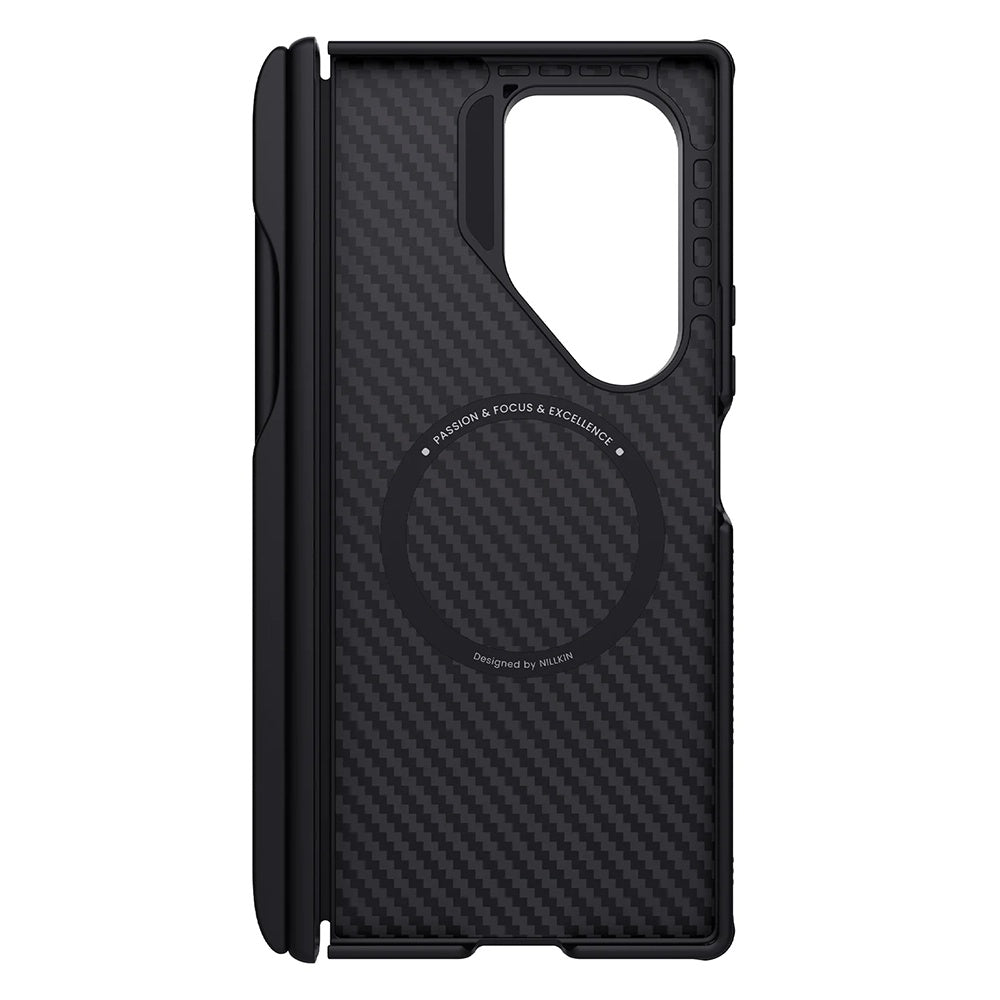 Funda MagSafe para Samsung Galaxy Z Fold7 F966, Nillkin, Synthetic Fiber Pro con soporte para S-Pen, Negra Dorada