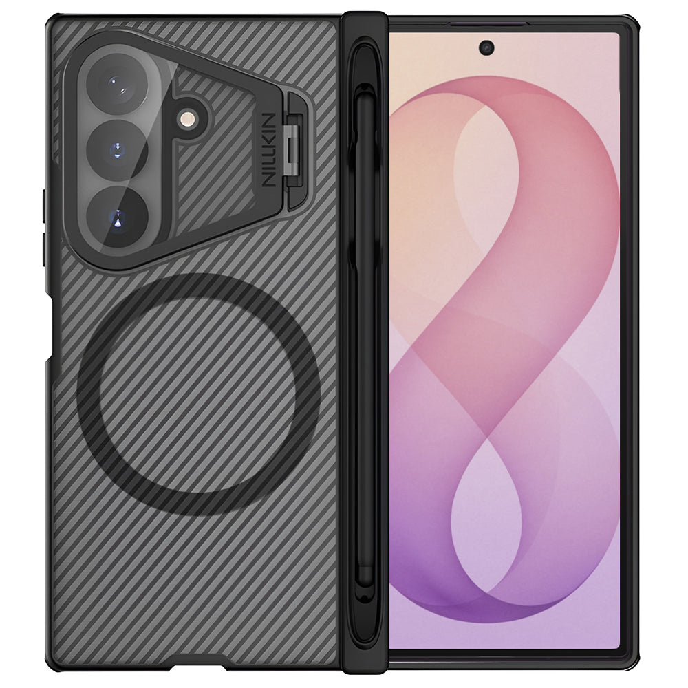 Funda MagSafe para Samsung Galaxy Z Fold8 Ultra F976, Nillkin, CamShield Pro con cubierta de lente transparente y soporte para S-Pen, Negra Transparente