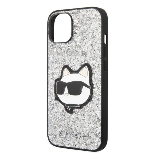 Funda para Apple iPhone 14, Karl Lagerfeld, Glitter Choupette Patch, Plateada.