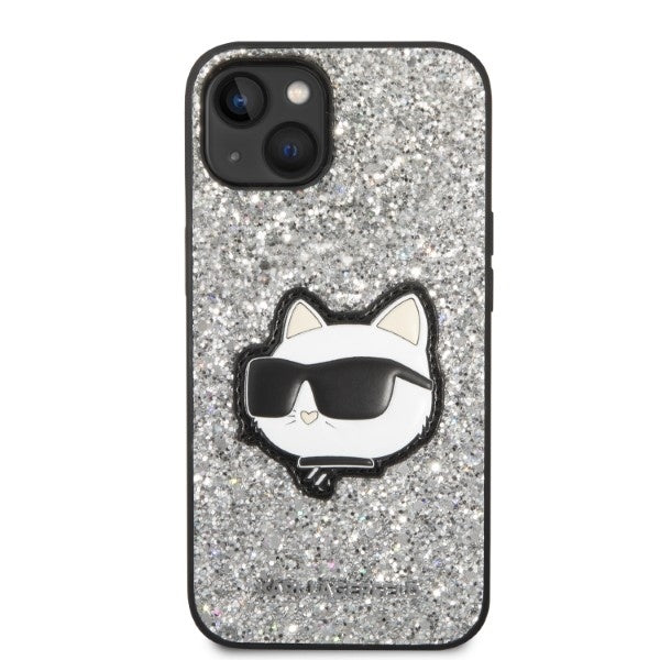 Funda para Apple iPhone 14, Karl Lagerfeld, Glitter Choupette Patch, Plateada.