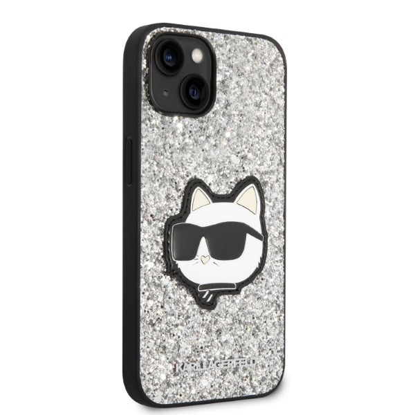 Funda para Apple iPhone 14, Karl Lagerfeld, Glitter Choupette Patch, Plateada.
