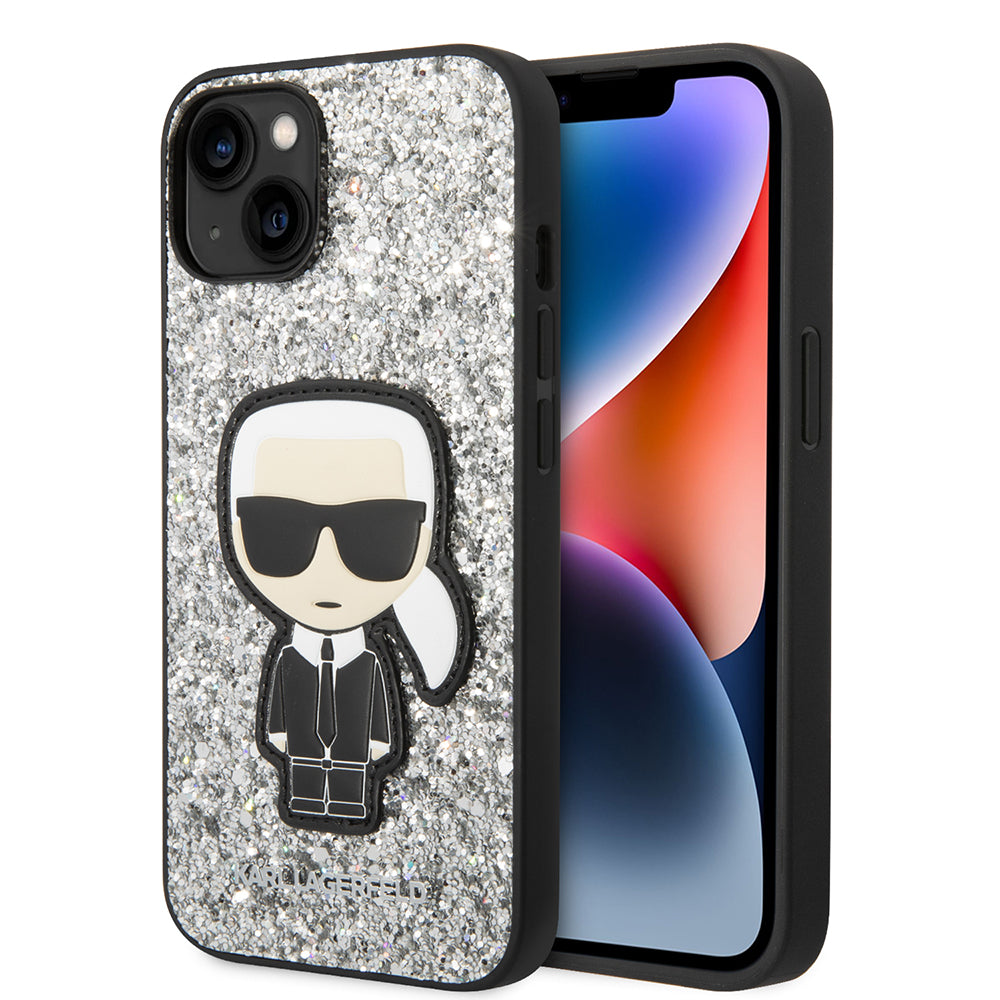 Funda para Apple iPhone 14, Karl Lagerfeld, Glitter Flakes Ikonik Karl, Plateada.