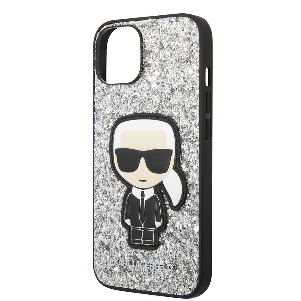 Funda para Apple iPhone 14, Karl Lagerfeld, Glitter Flakes Ikonik Karl, Plateada.