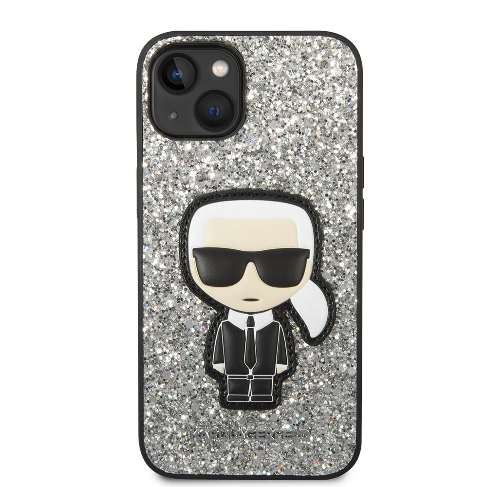 Funda para Apple iPhone 14, Karl Lagerfeld, Glitter Flakes Ikonik Karl, Plateada.