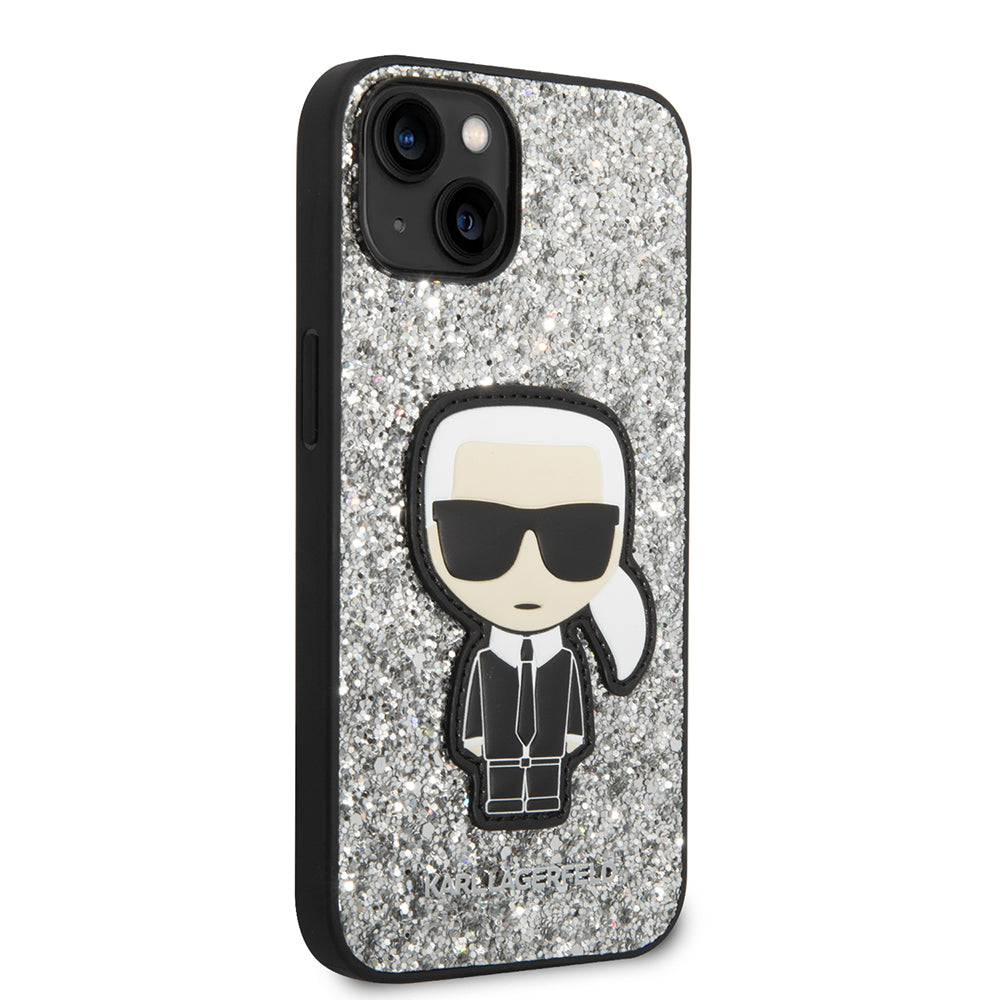 Funda para Apple iPhone 14, Karl Lagerfeld, Glitter Flakes Ikonik Karl, Plateada.