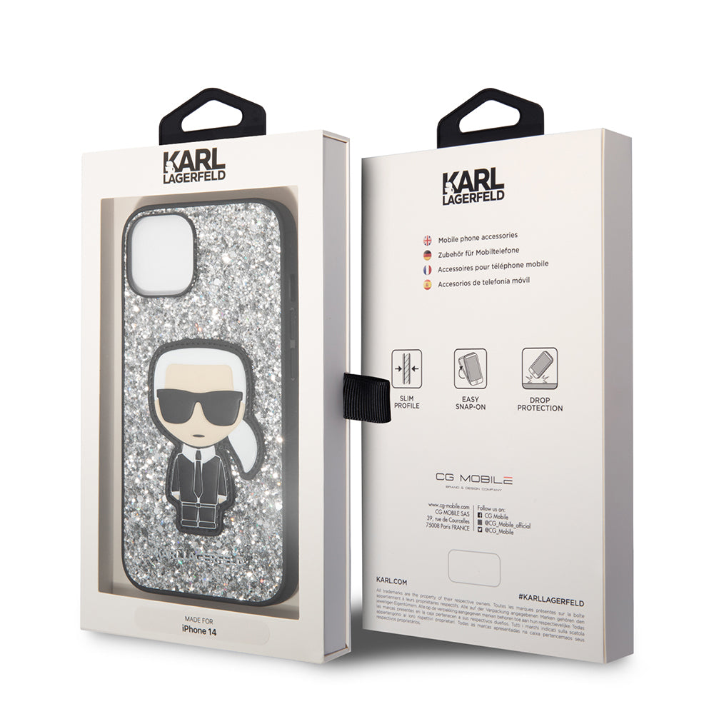 Funda para Apple iPhone 14, Karl Lagerfeld, Glitter Flakes Ikonik Karl, Plateada.