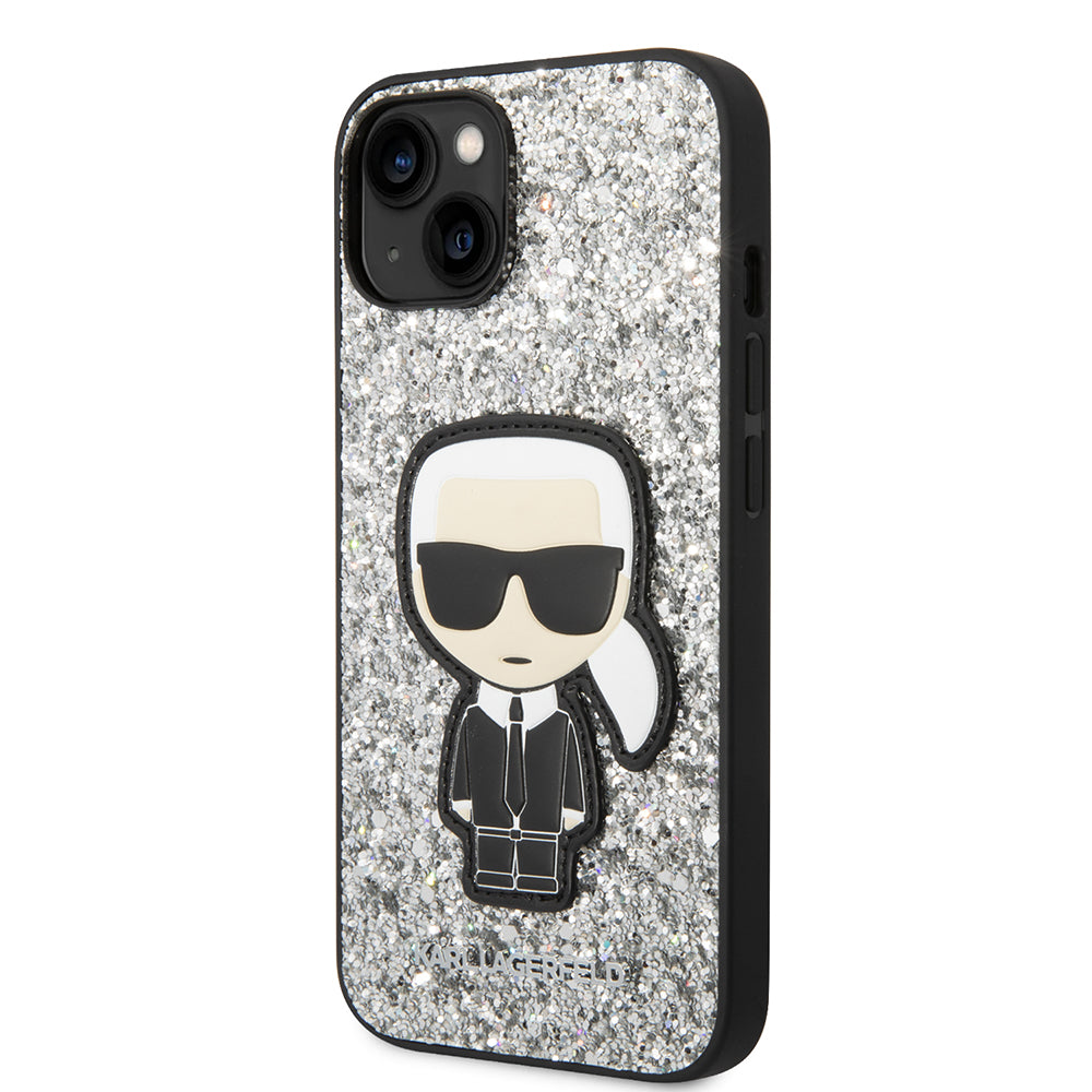 Funda para Apple iPhone 14, Karl Lagerfeld, Glitter Flakes Ikonik Karl, Plateada.