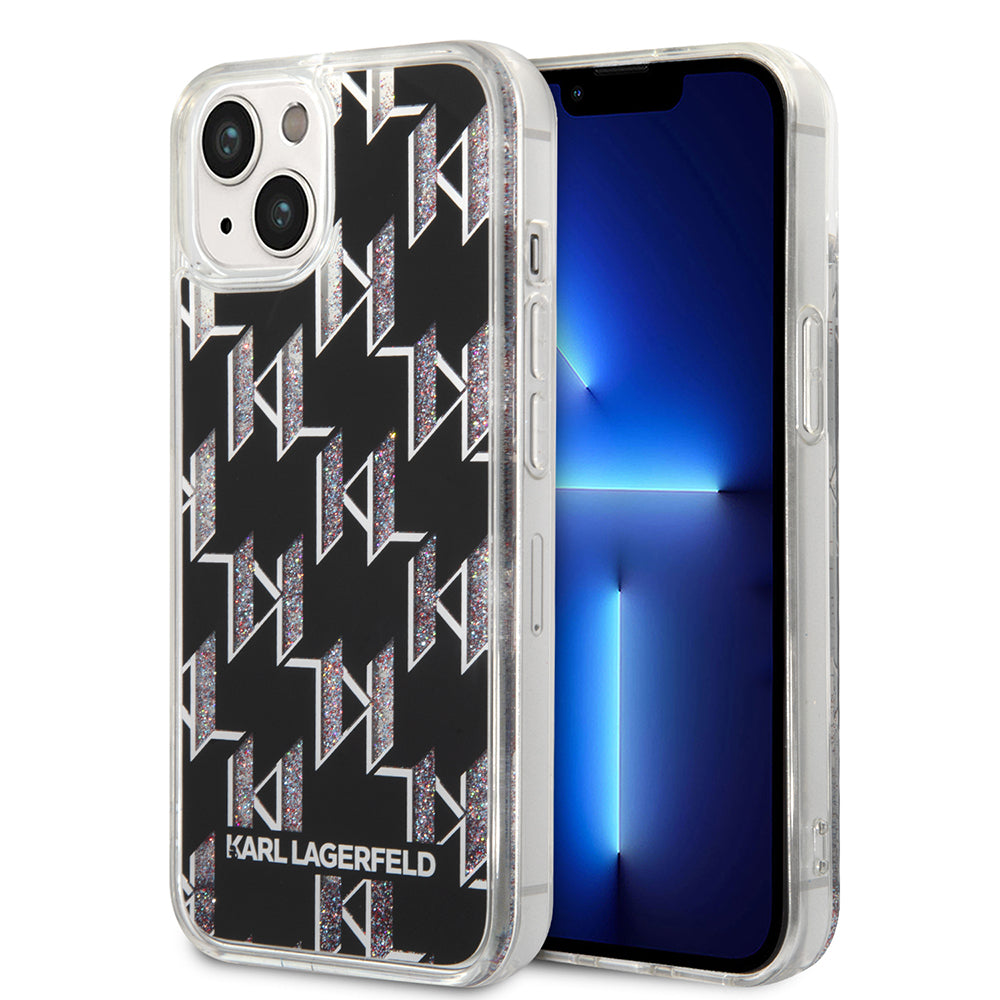 Funda para Apple iPhone 14, Karl Lagerfeld, Liquid Glitter Monogram, Negra.