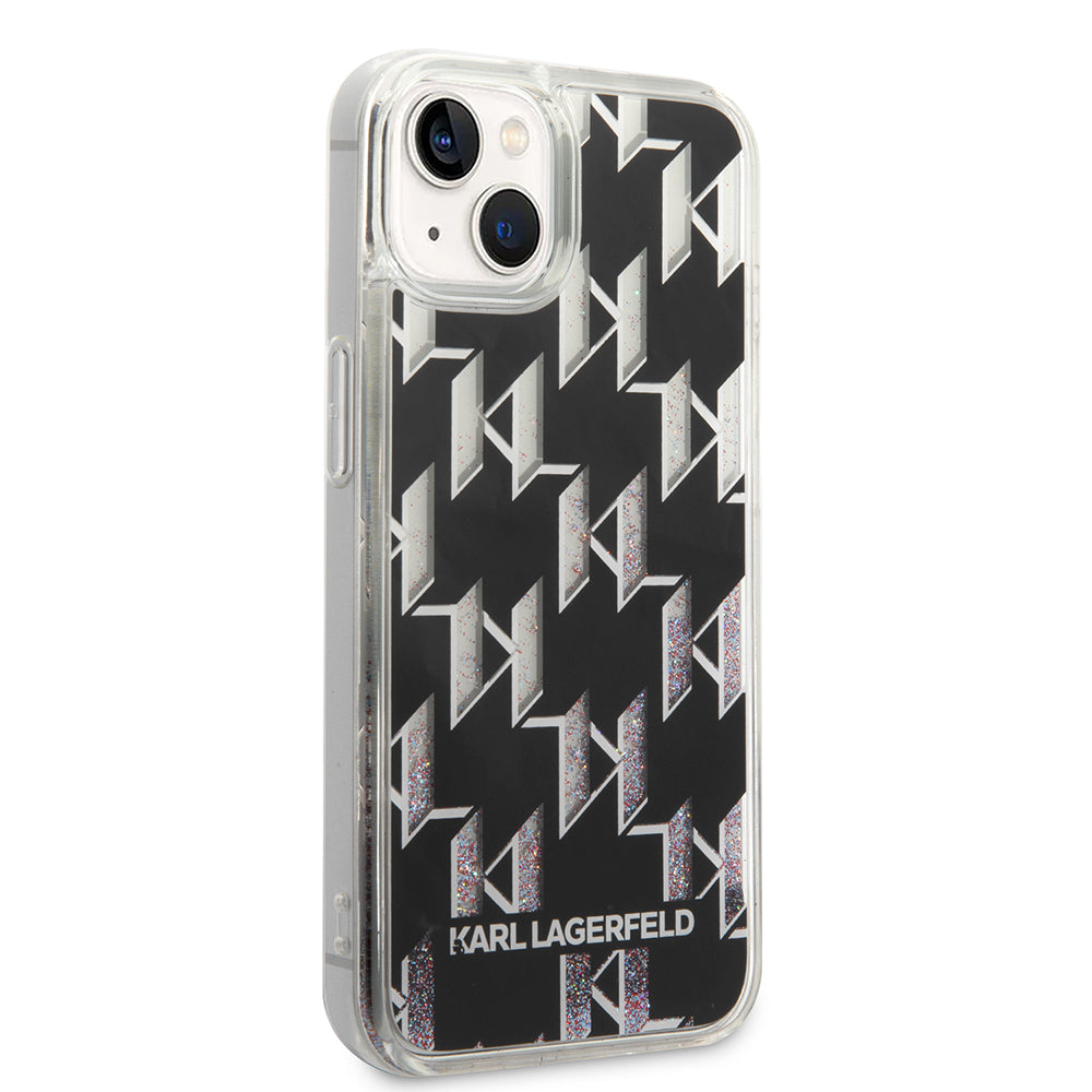 Funda para Apple iPhone 14, Karl Lagerfeld, Liquid Glitter Monogram, Negra.