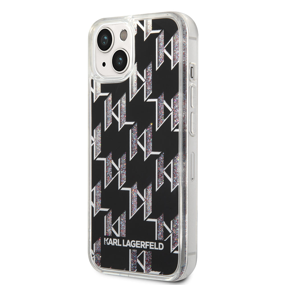 Funda para Apple iPhone 14, Karl Lagerfeld, Liquid Glitter Monogram, Negra.