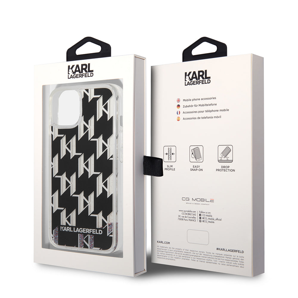 Funda para Apple iPhone 14, Karl Lagerfeld, Liquid Glitter Monogram, Negra.