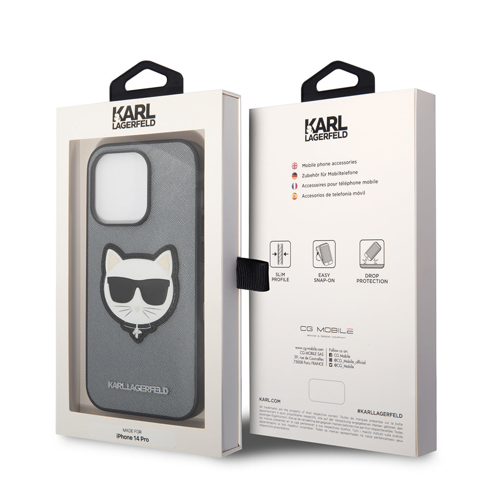 Case for Apple iPhone 14, Karl Lagerfeld, Saffiano Choupette's Head, Silver