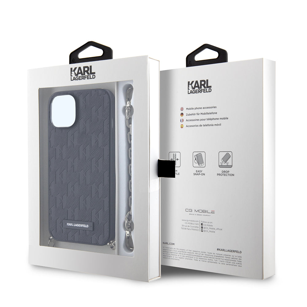 Funda para Apple iPhone 14, Karl Lagerfeld, Saffiano Monogram Chain, Negra