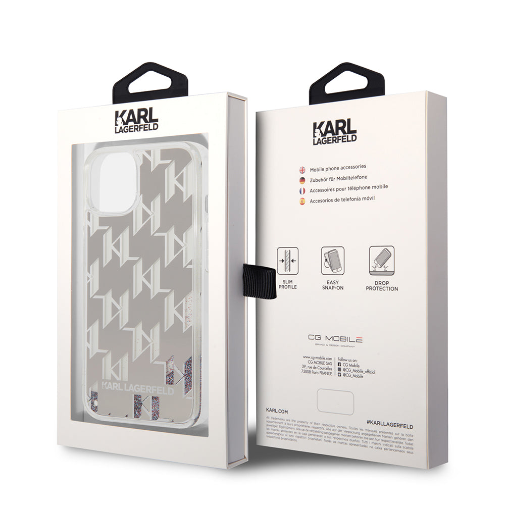 Funda para Apple iPhone 14 Plus, Karl Lagerfeld, Liquid Glitter Monogram, Plateada.