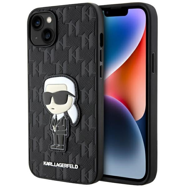 Funda para Apple iPhone 14 Plus, Karl Lagerfeld, Saffiano Monogram Ikonik Karl, Negra