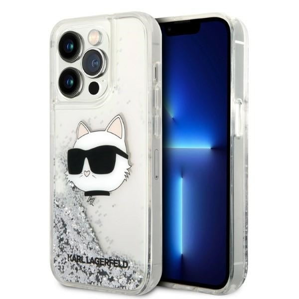 Funda para Apple iPhone 14 Pro, Karl Lagerfeld, Glitter Choupette's Head, Plateada.
