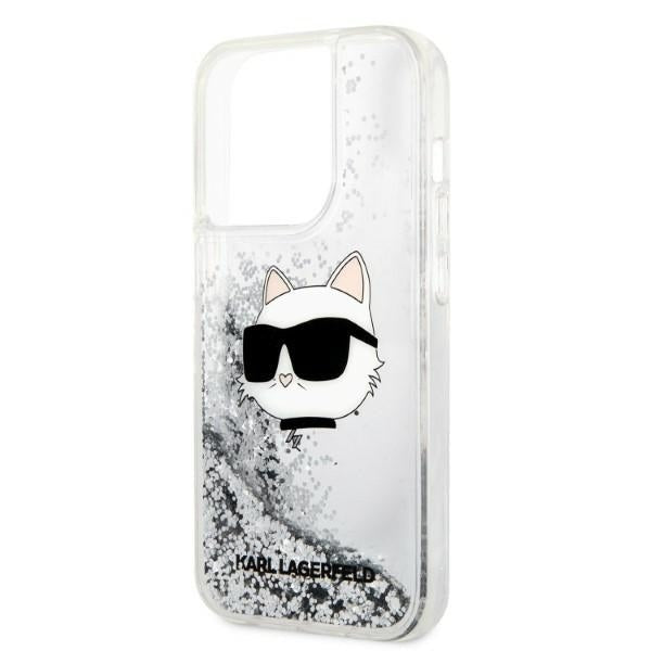 Funda para Apple iPhone 14 Pro, Karl Lagerfeld, Glitter Choupette's Head, Plateada.