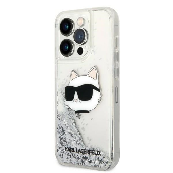 Funda para Apple iPhone 14 Pro, Karl Lagerfeld, Glitter Choupette's Head, Plateada.