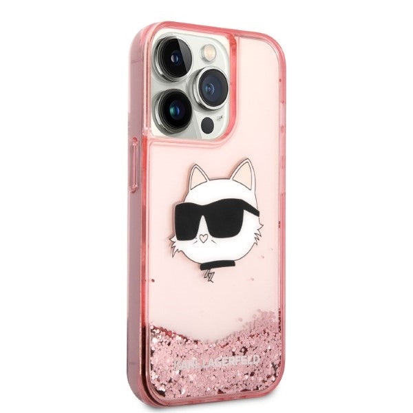 Funda para Apple iPhone 14 Pro, Karl Lagerfeld, Glitter Choupette's Head, Rosa