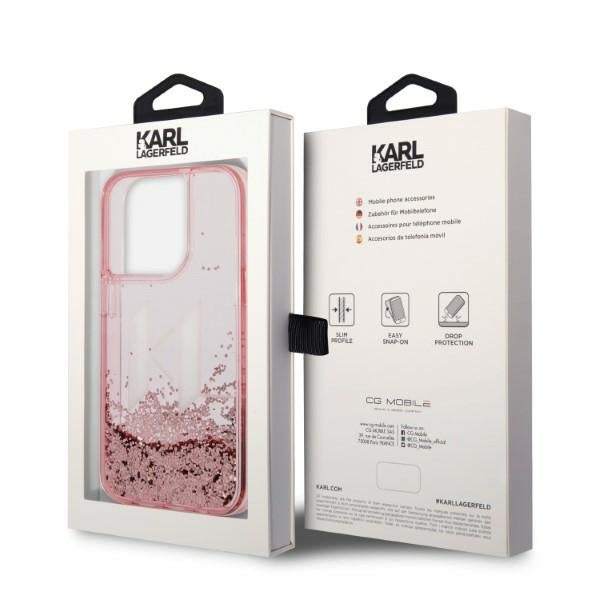 Funda para Apple iPhone 14 Pro, Karl Lagerfeld, Glitter Liquid Big KL, Rosa.