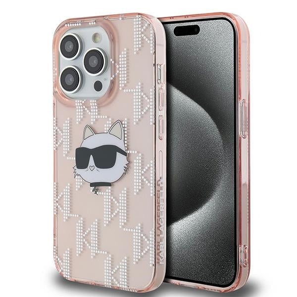 Funda para Apple iPhone 14 Pro, Karl Lagerfeld, IML Luxury Monogram Choupette's Head, Rosa