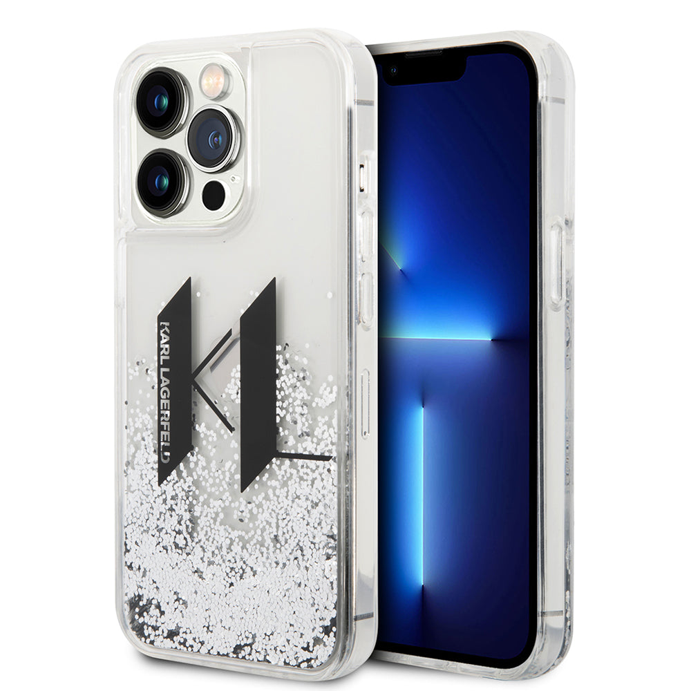 Funda para Apple iPhone 14 Pro, Karl Lagerfeld, Liquid Glitter Big KL, Plateada.