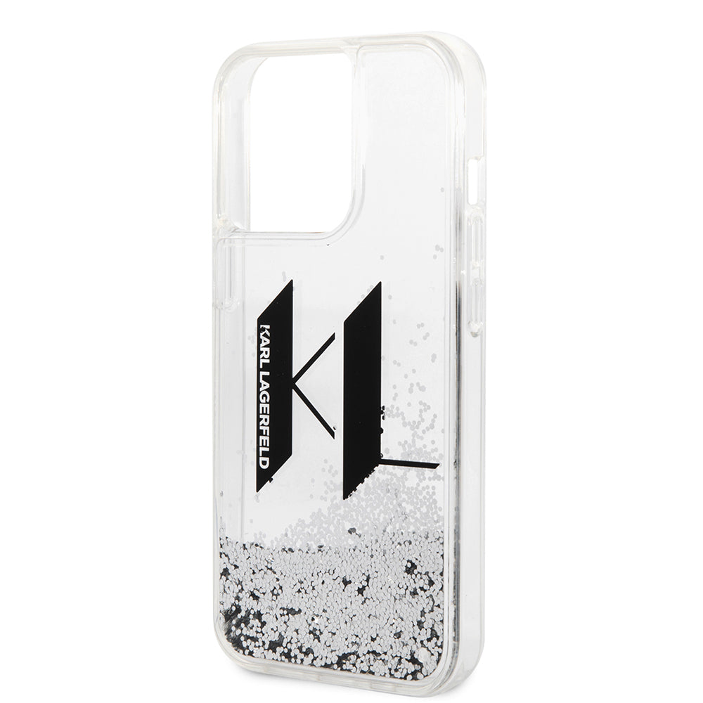 Funda para Apple iPhone 14 Pro, Karl Lagerfeld, Liquid Glitter Big KL, Plateada.