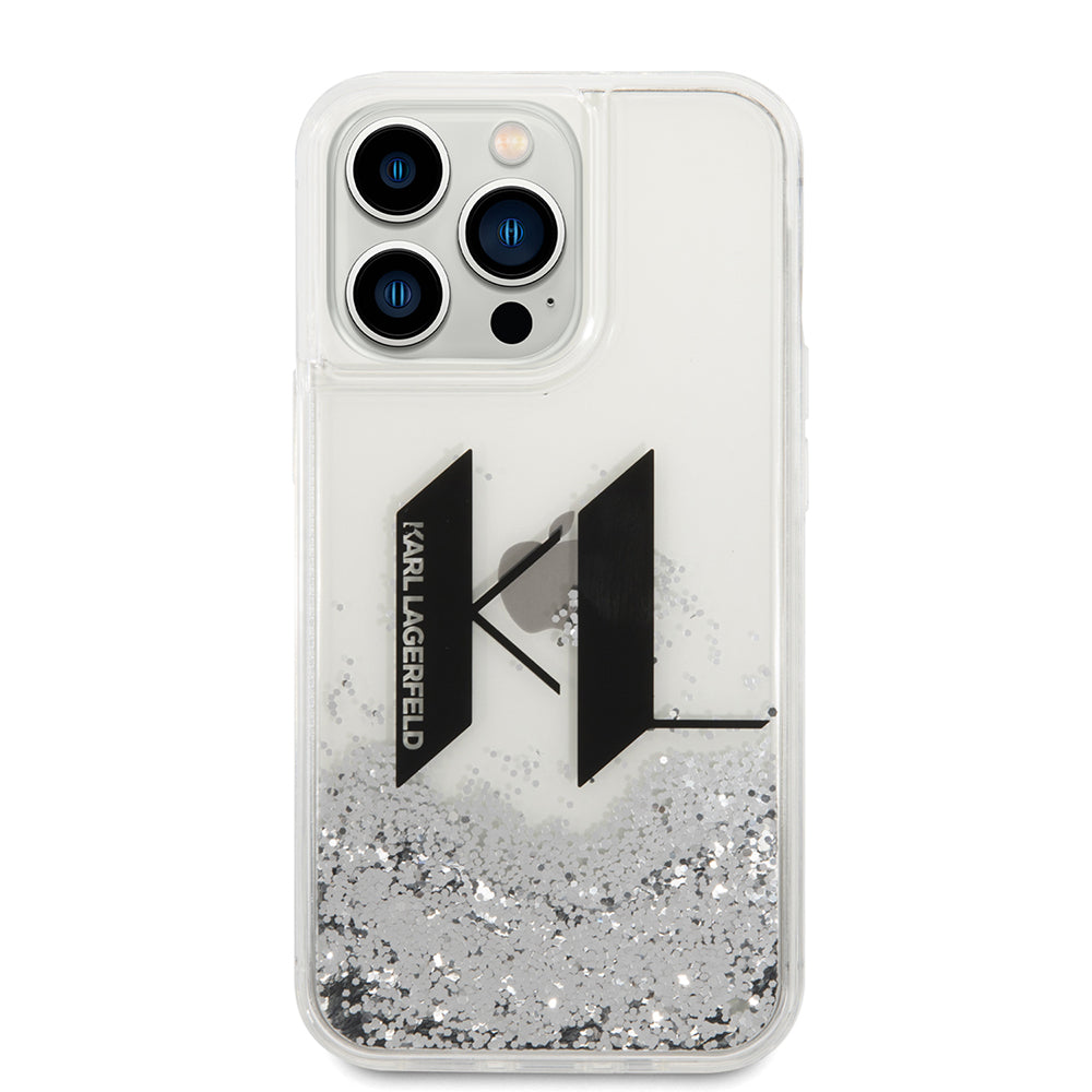 Funda para Apple iPhone 14 Pro, Karl Lagerfeld, Liquid Glitter Big KL, Plateada.