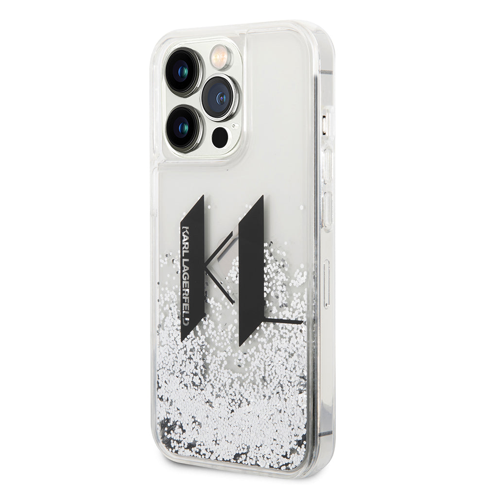 Funda para Apple iPhone 14 Pro, Karl Lagerfeld, Liquid Glitter Big KL, Plateada.