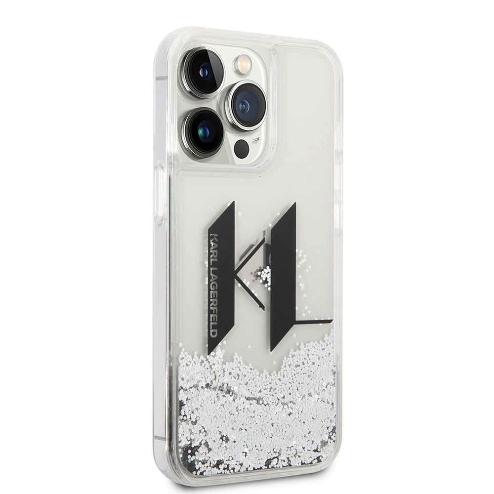 Funda para Apple iPhone 14 Pro, Karl Lagerfeld, Liquid Glitter Big KL, Plateada.