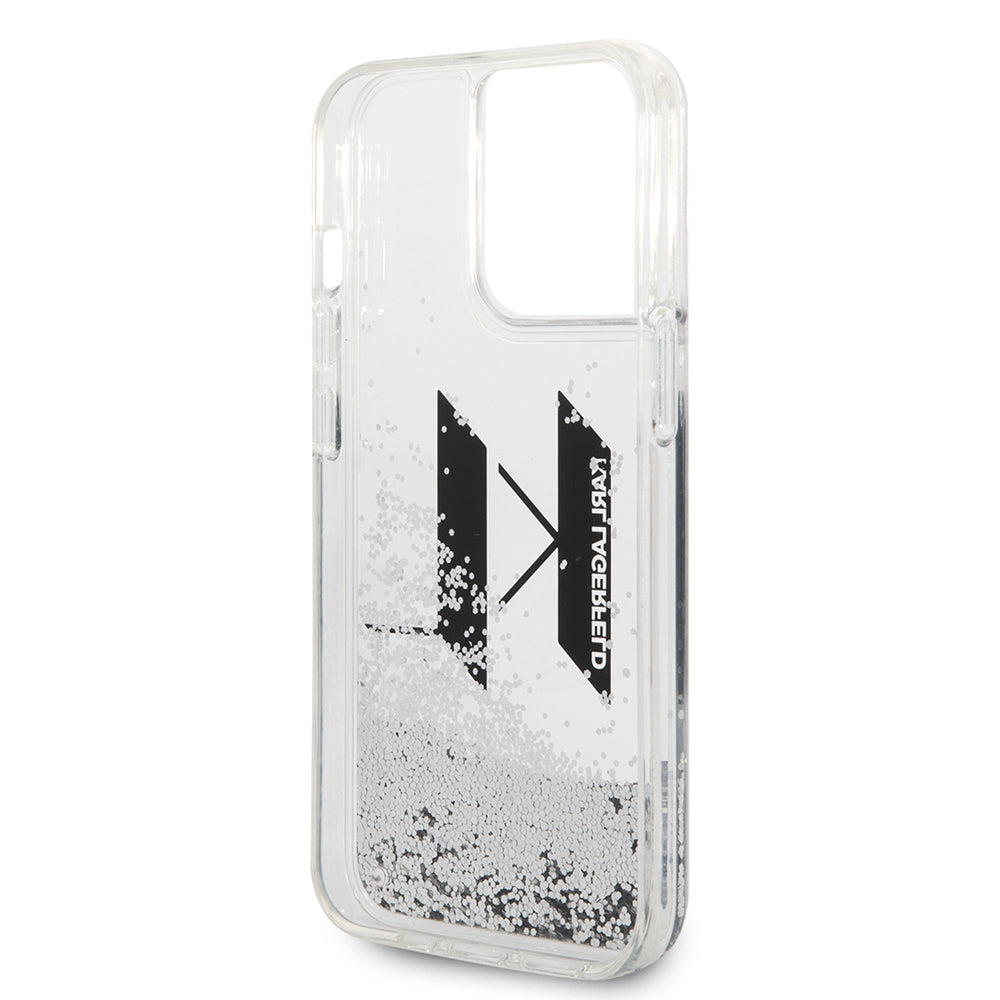 Funda para Apple iPhone 14 Pro, Karl Lagerfeld, Liquid Glitter Big KL, Plateada.