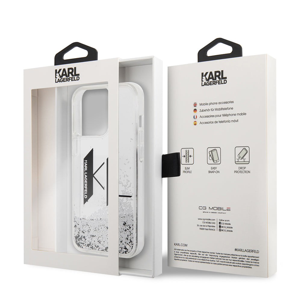Funda para Apple iPhone 14 Pro, Karl Lagerfeld, Liquid Glitter Big KL, Plateada.