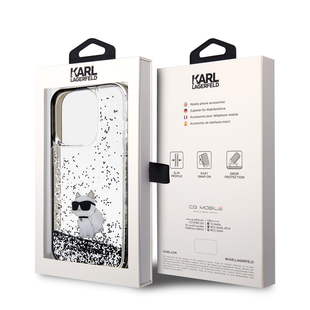 Funda para Apple iPhone 14 Pro, Karl Lagerfeld, Liquid Glitter Choupette, Transparente